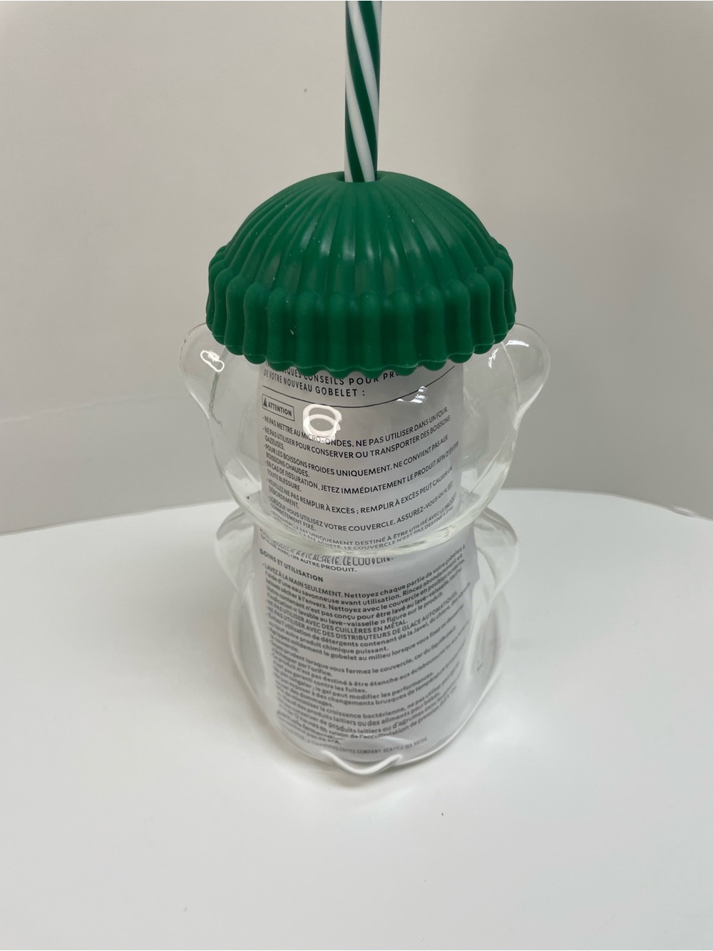 Starbucks Clear Bear Cup with Dark Green Beanie Lid and Striped Straw - Picture 3 of 5